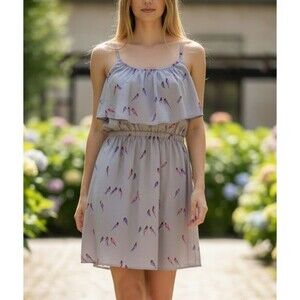 Indie Bird Print Mini Dress American Eagle Tie Back Tiered Ruffle Overlay M